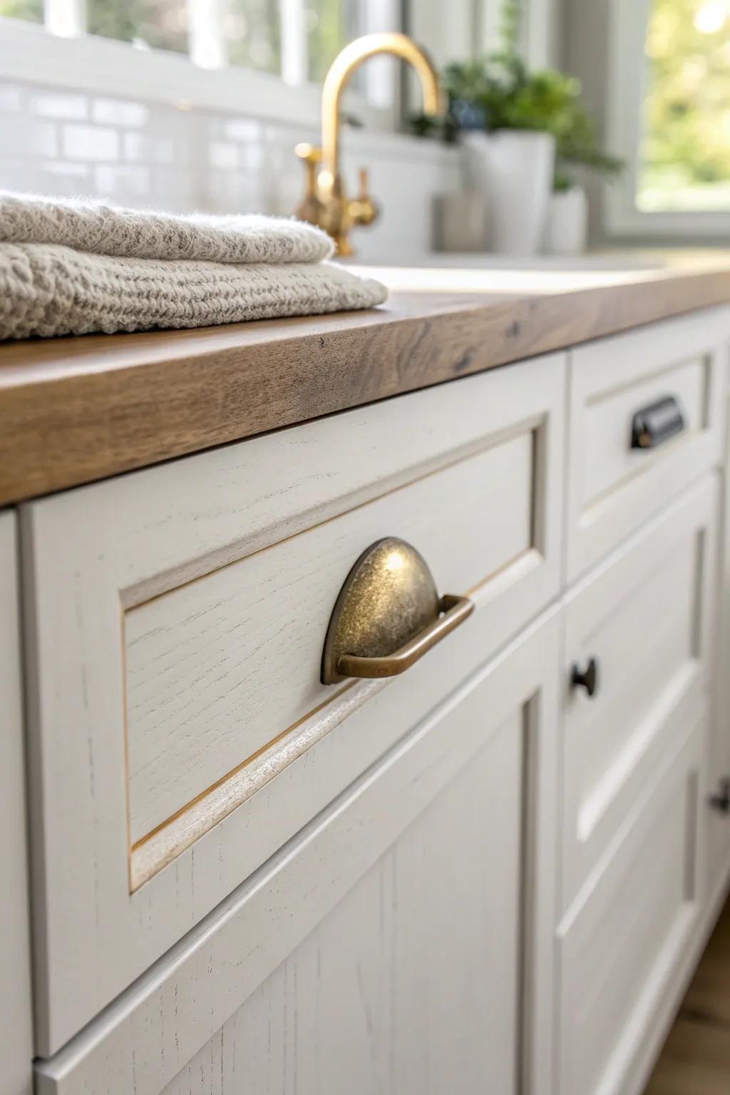 A warm brass cup pull adds timeless heritage—and a satisfying, solid feel to every drawer.
