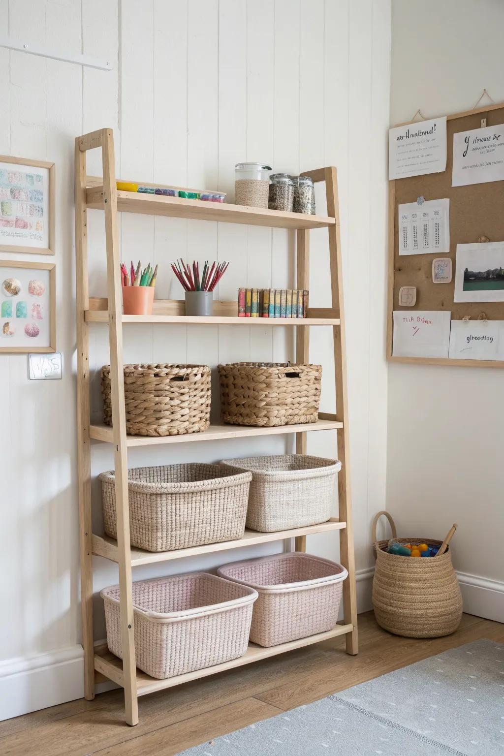 A warm birch shelf wall with woven baskets—pretty, practical storage for busy classrooms.