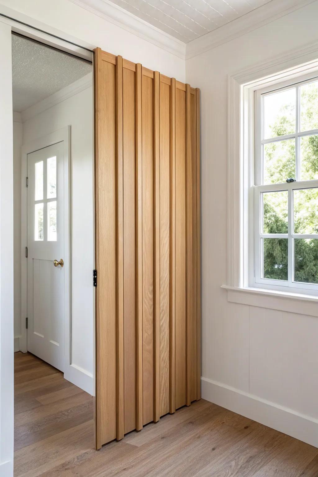 Light oak accordion closet door that folds slim—perfect when every inch of space counts.