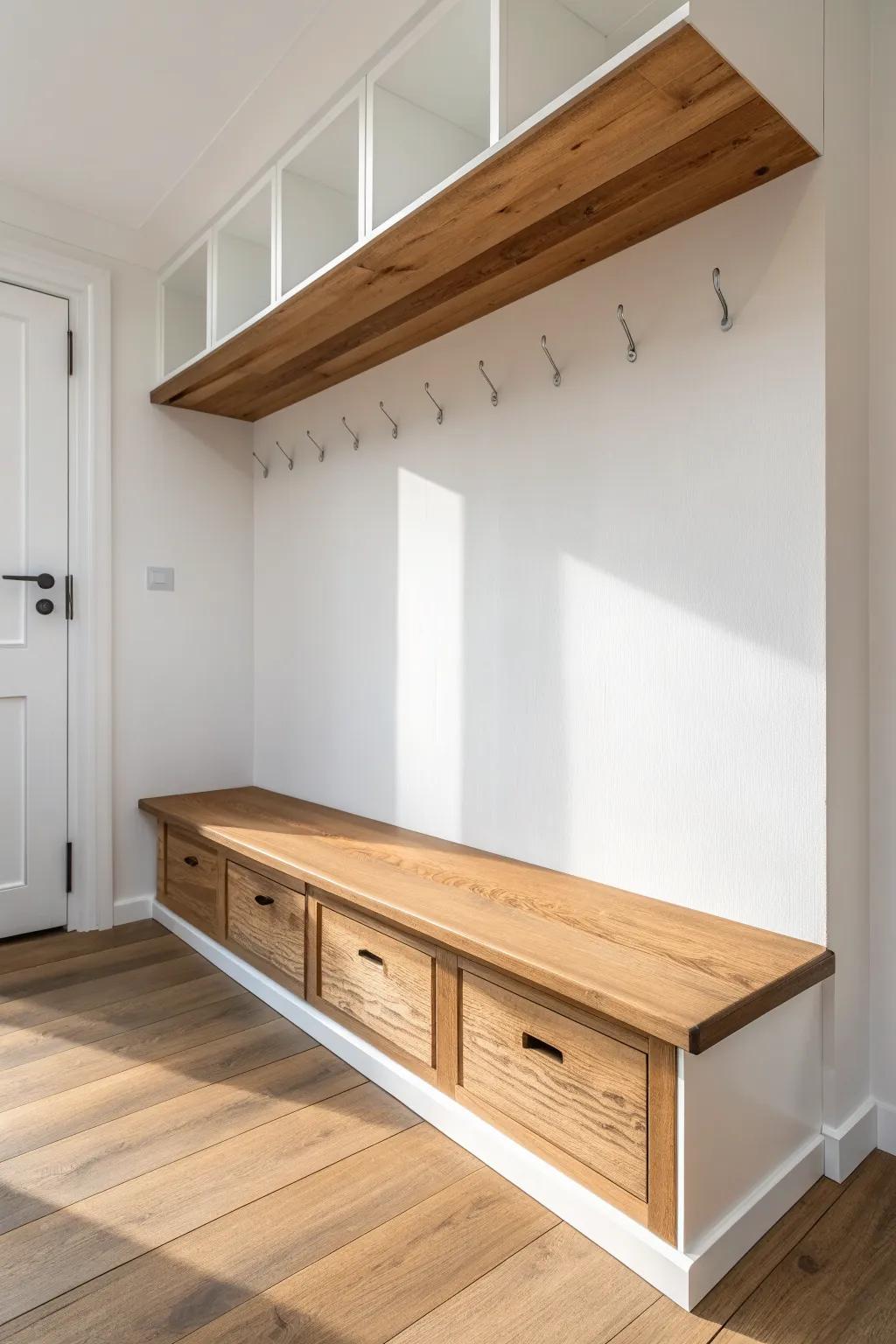 Space-saving floating oak bench—clean lines, hidden brackets, and room for baskets below.