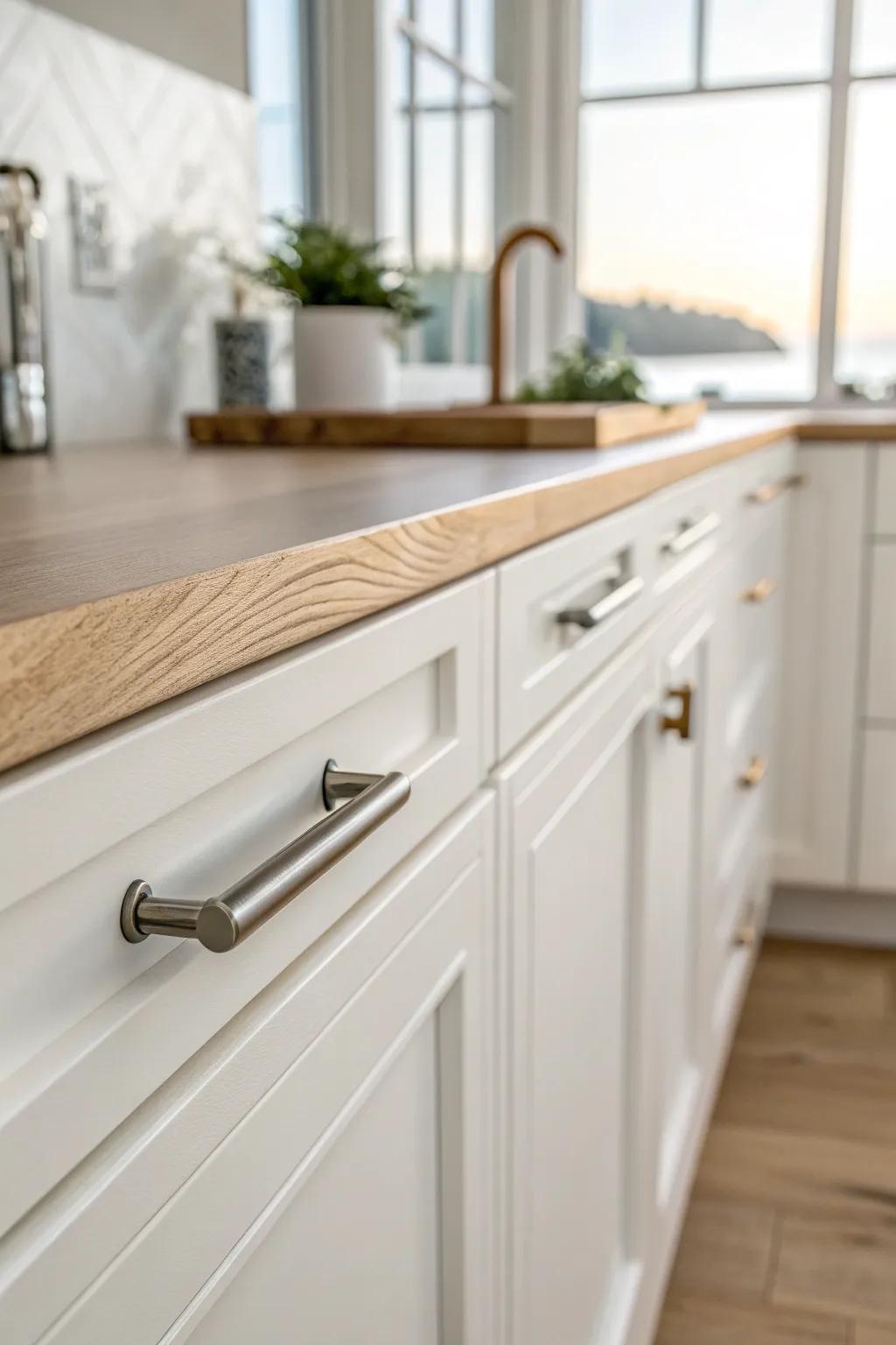 Brushed metal hardware adds a quiet coastal glow—an easy cabinet upgrade with big impact.
