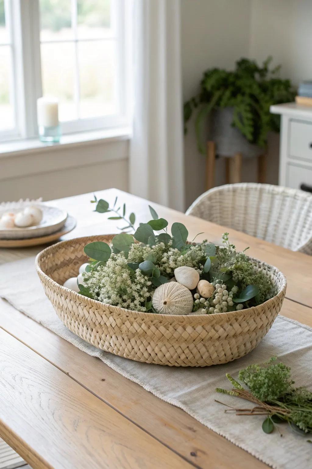 A low woven basket centerpiece with soft greenery and pale coastal accents—simple and airy.