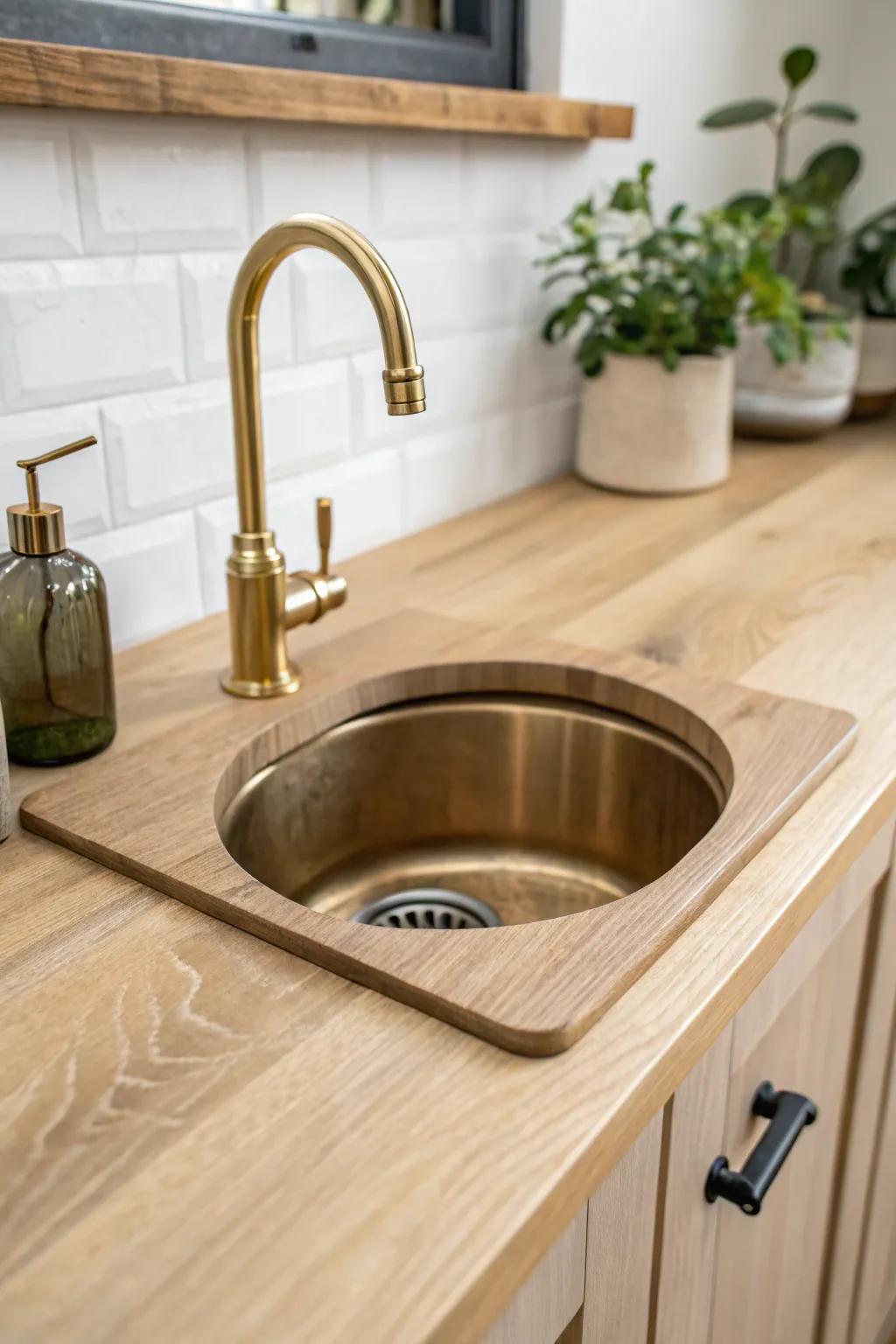 A tiny bar sink in light oak makes coffee + cocktails effortless—with a clean, polished finish.
