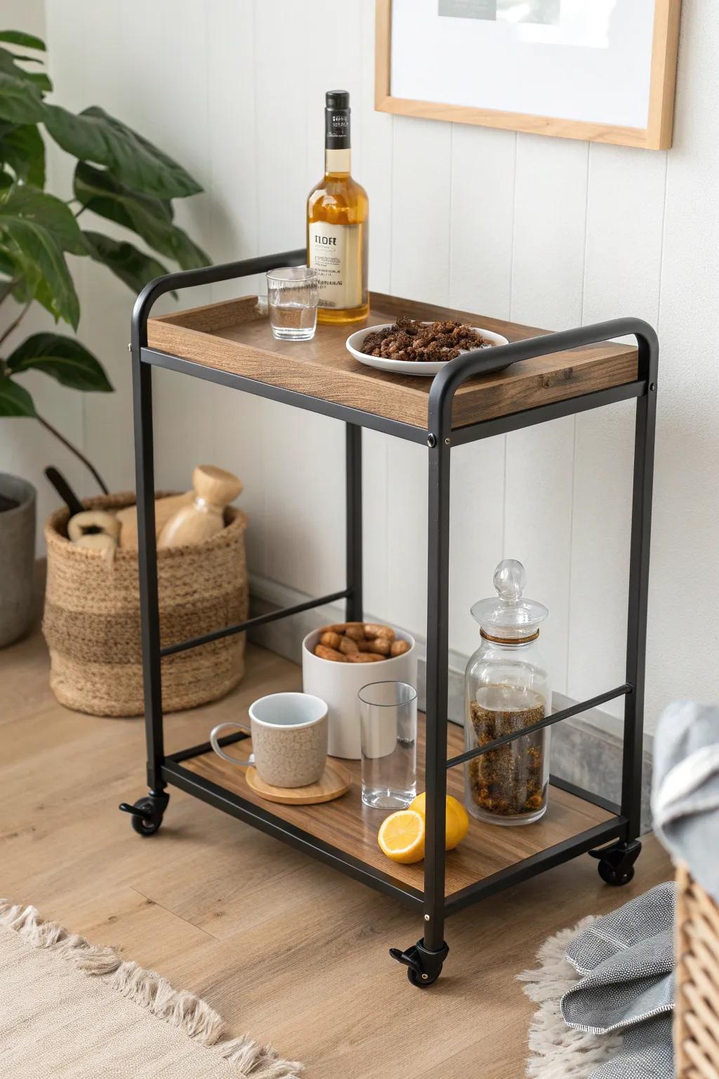 Butcher-block rolling cart—latte to cocktail in 30 seconds, styled Scandinavian with a boho touch.