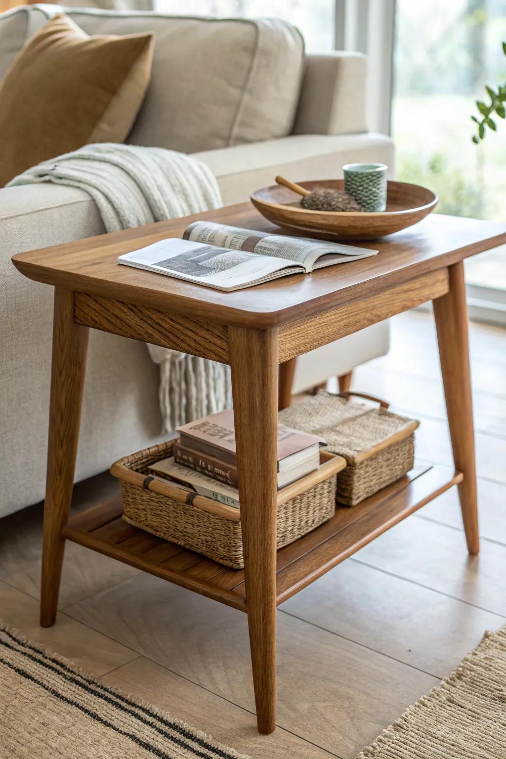 Salvaged hardwood side table with a lower shelf—perfect anchor piece for a cozy lounge corner.