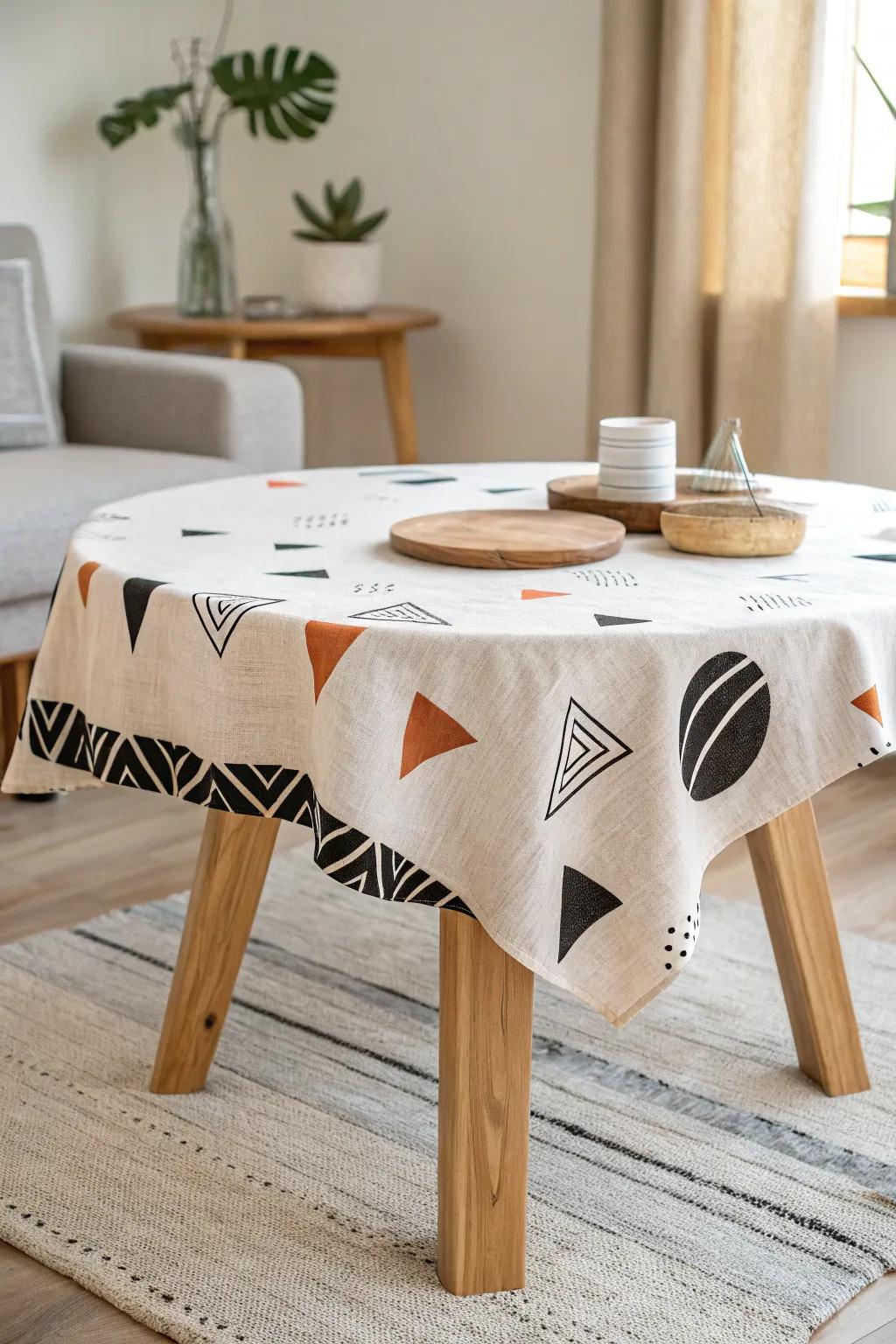 Bold geometric cover on a light oak coffee table—modern contrast with calm Scandi warmth.