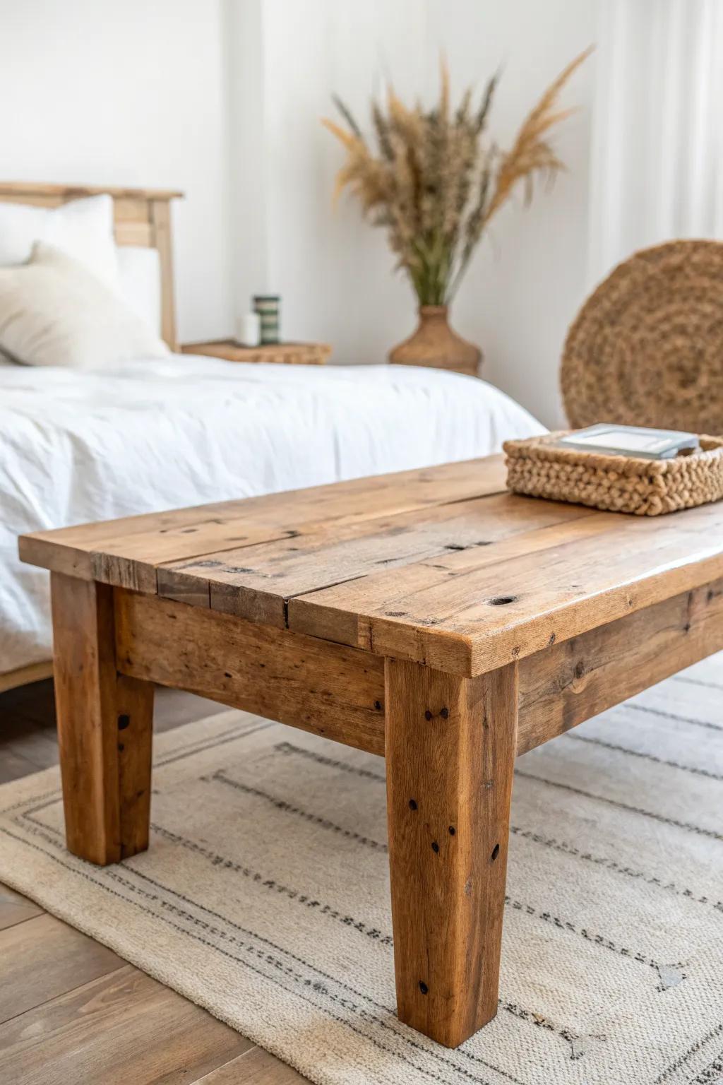 Reclaimed wood coffee table brings rustic warmth—saw marks and nail holes make it soulful.
