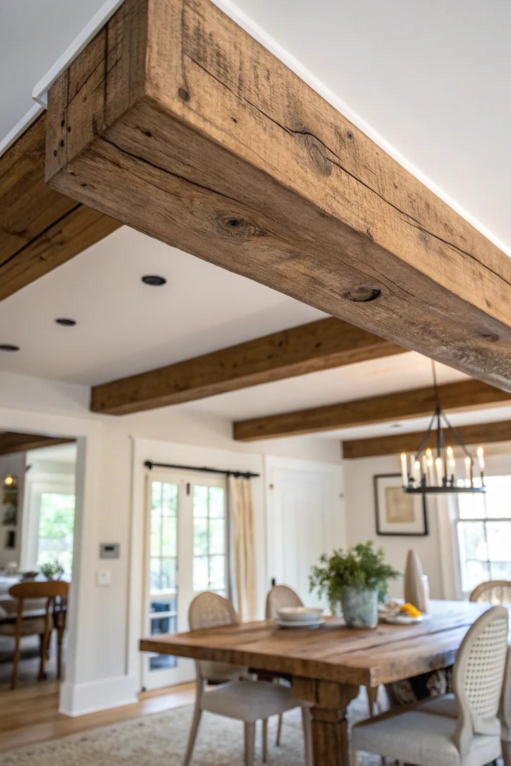 Dark-stained reclaimed box beam adds instant colonial charm to a bright, minimalist dining room.