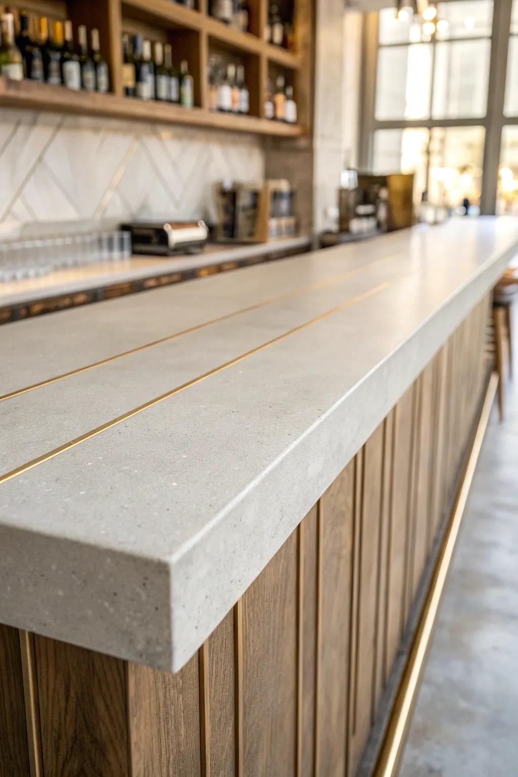 Concrete bar top with delicate brass inlay lines—sleek, crafted detail that elevates the space.
