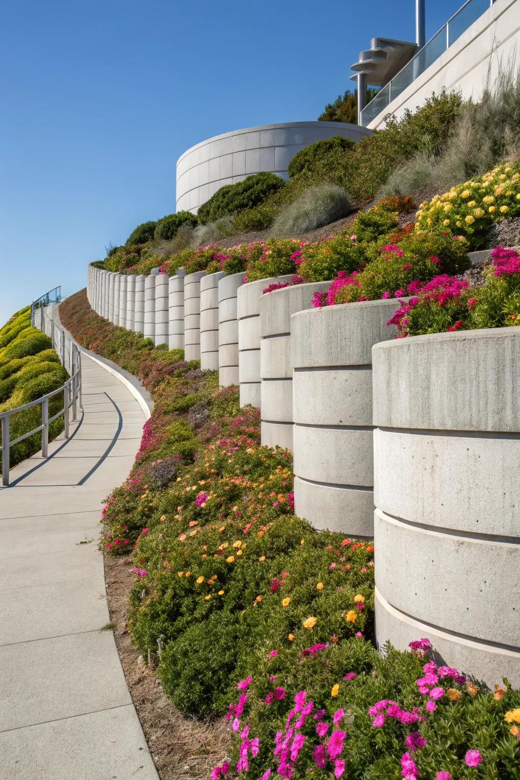 Elevate your garden with a sleek concrete cylinder retaining wall for a modern architectural touch.
