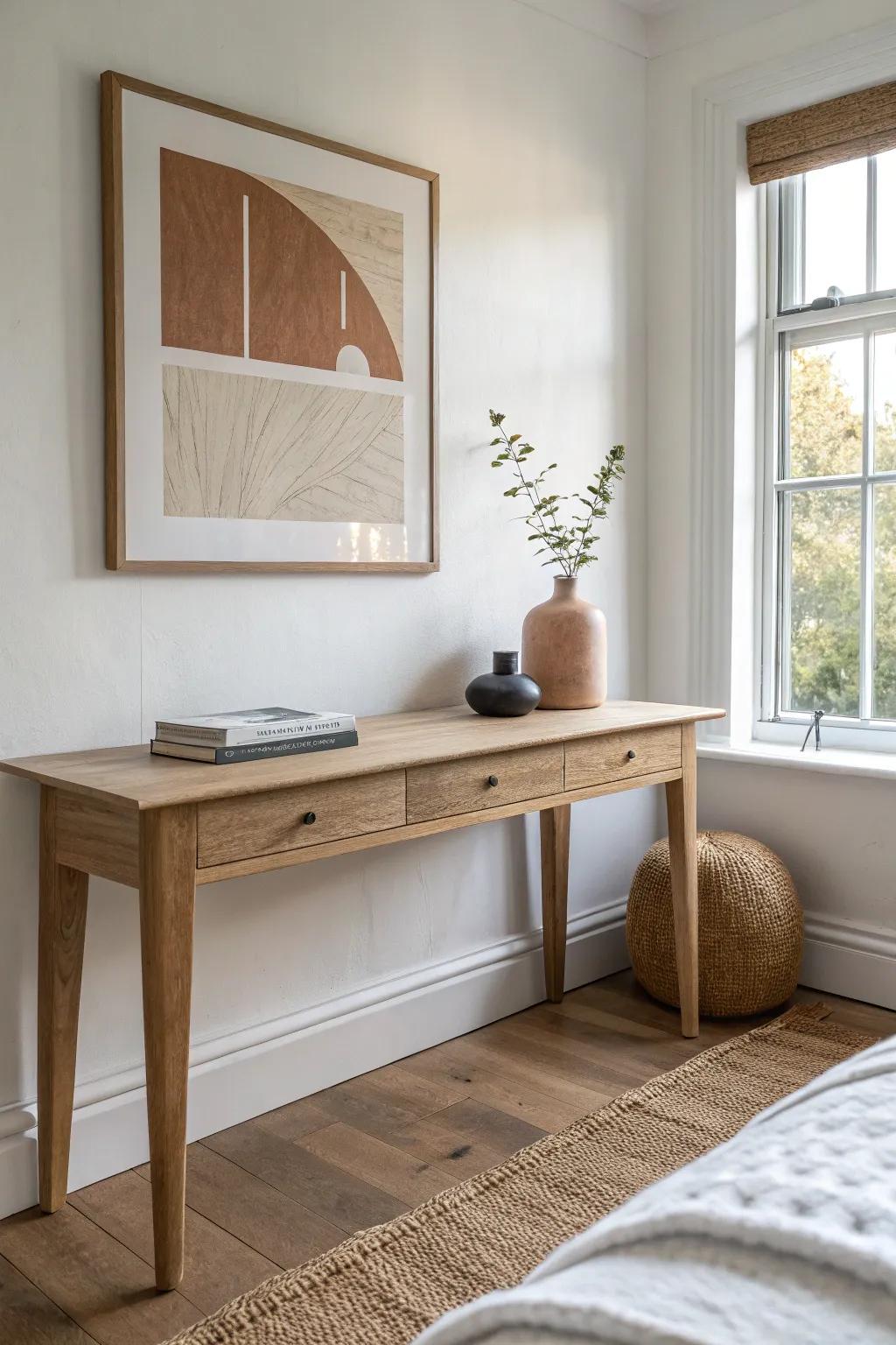 One oversized art piece above a simple oak console table for a calm, restful bedroom look.