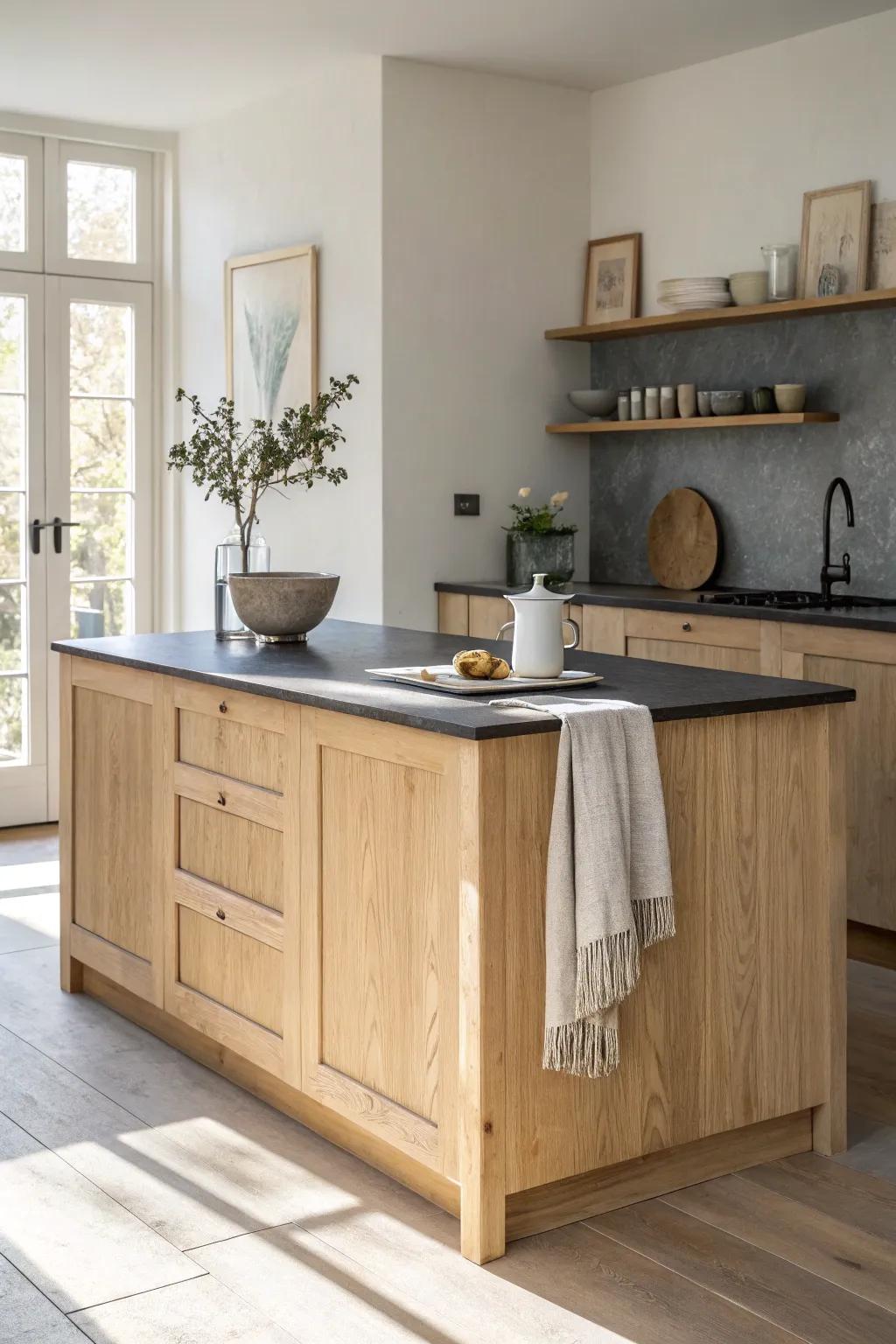 Dark stone top, light oak base—an effortless contrast that makes any island look high-end.