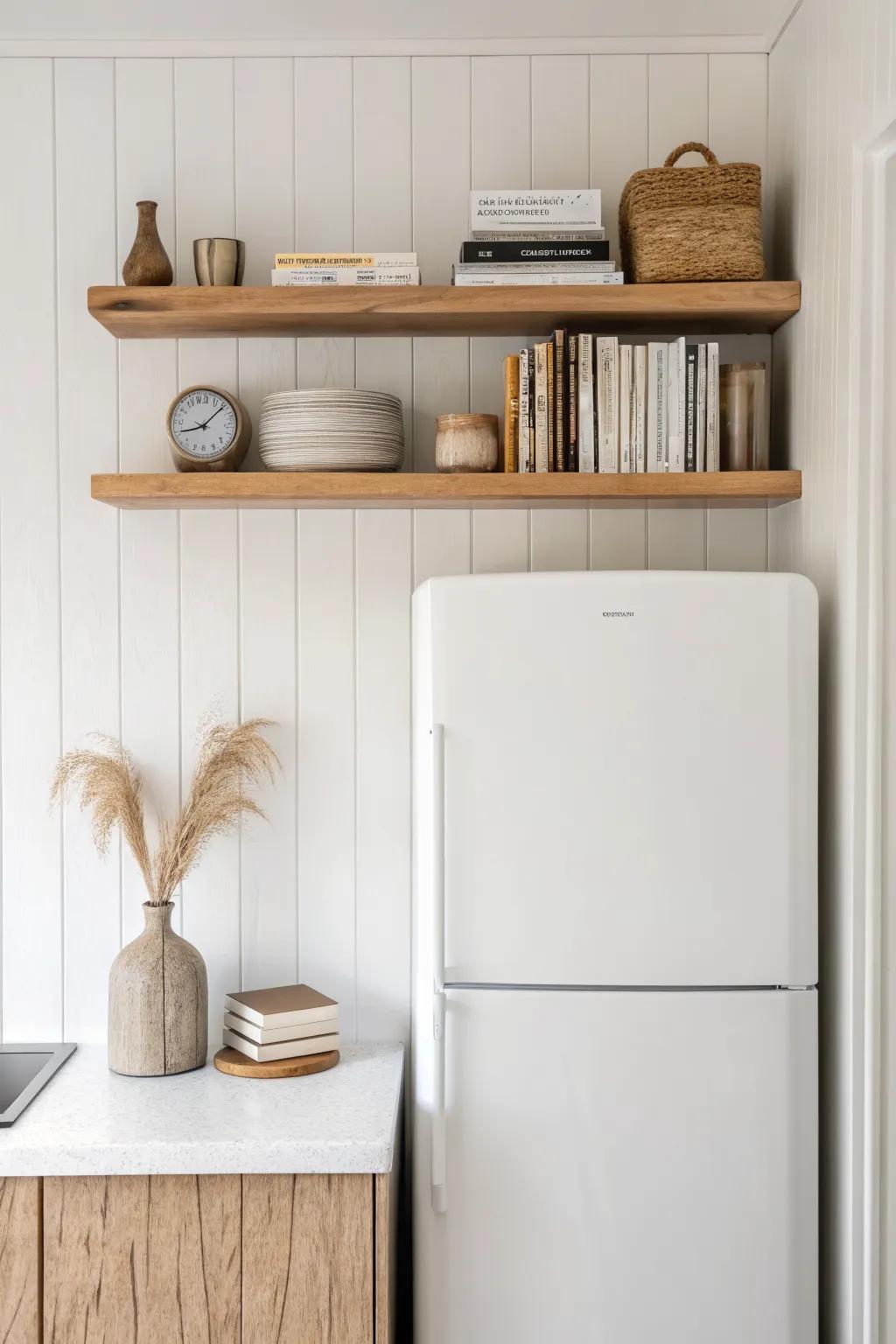 Use the space above your fridge for a slim oak cookbook ledge—styled, simple, and handy.