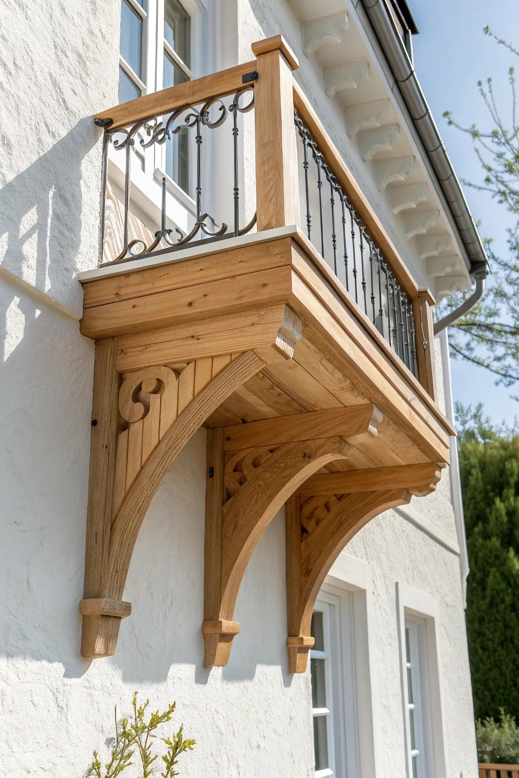 Oversized balcony corbel in warm natural wood—minimal, boho-soft, and built to look structural.