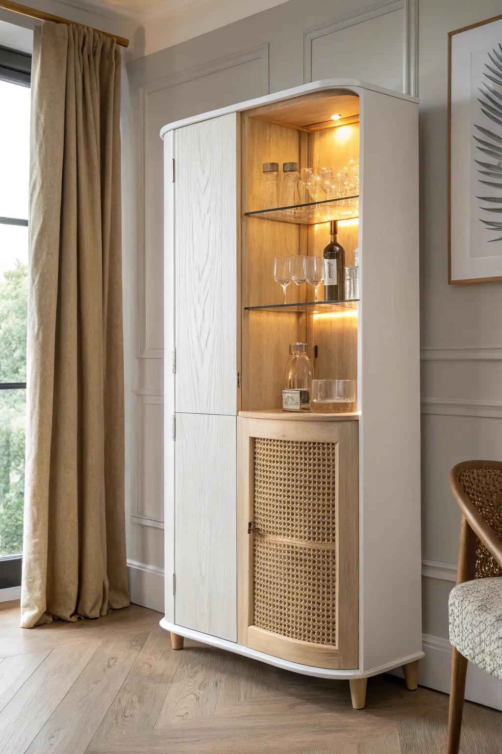 Warm interior shelf lighting turns a simple corner bar cabinet into a cozy mini lounge.