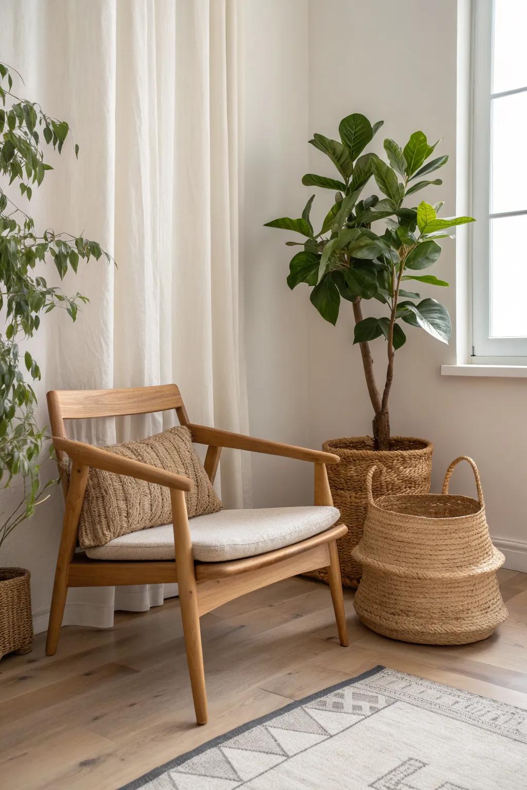 A cozy corner chair paired with a tall leafy plant—warm wood tones and calm boho texture.