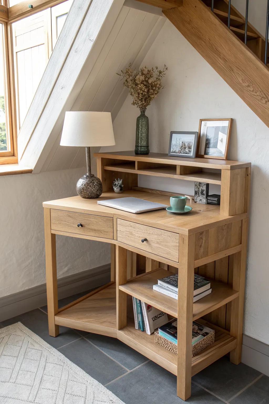 A sloped-ceiling corner desk with stair-step shelves—custom storage that makes attic nooks shine.