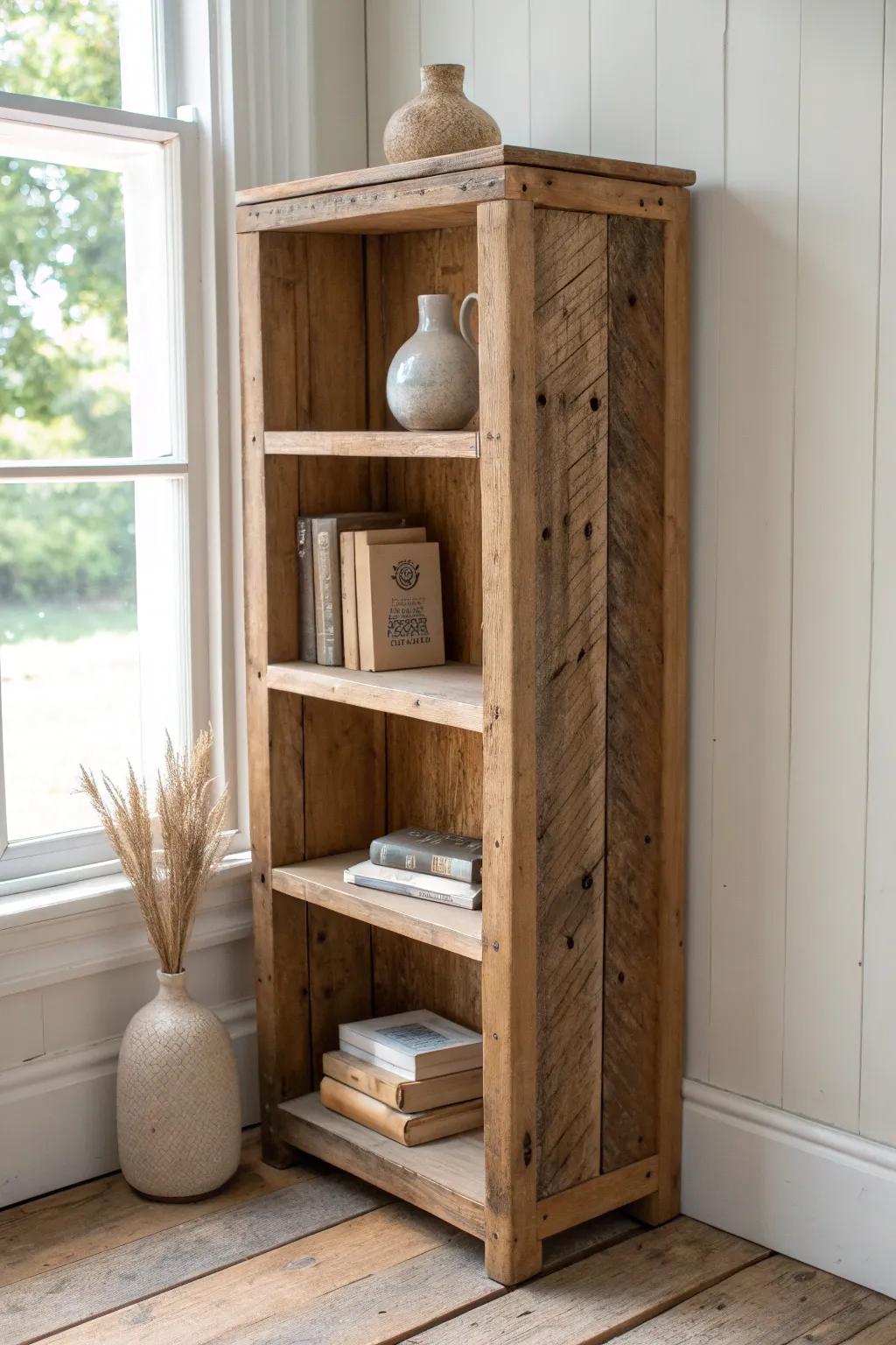 Rustic reclaimed-wood corner library with matte grain, knots, and soft Scandinavian warmth.