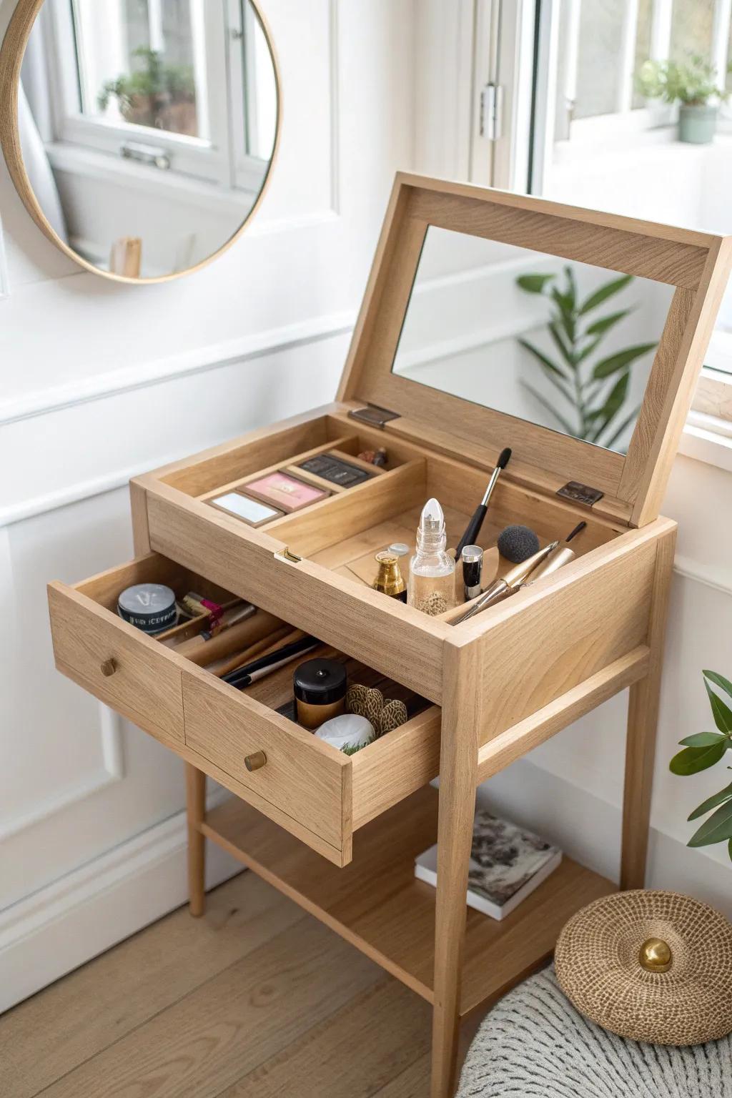 Lift-top corner vanity: hidden compartments keep your makeup corner clean in seconds.