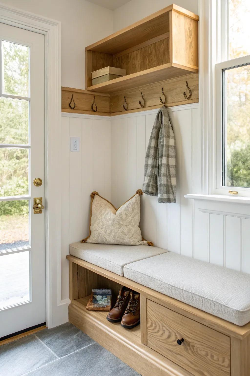 Minimal oak corner shelf with a slim lip—perfect drop zone for keys and daily essentials.