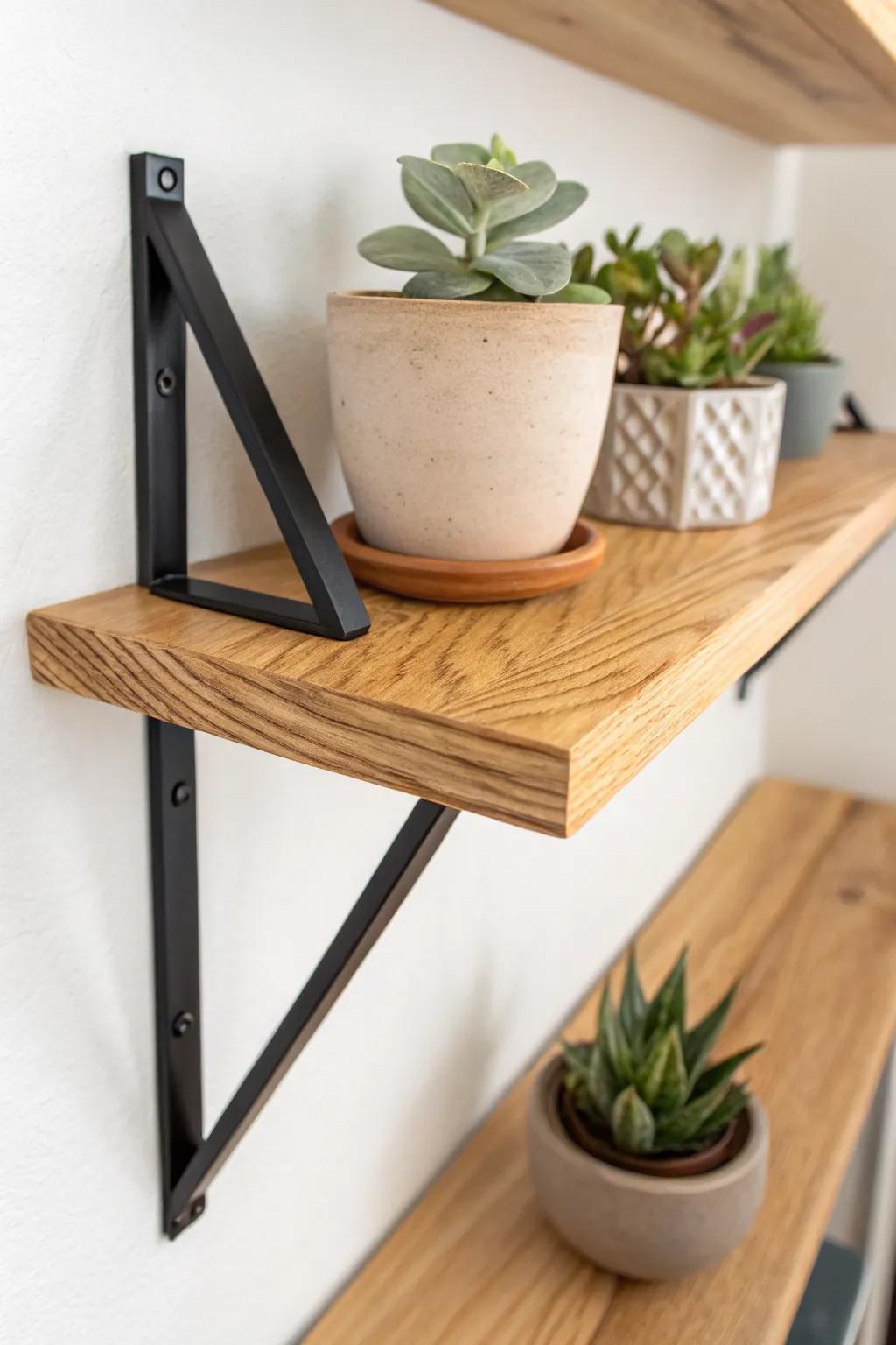 A delicate wedge corner shelf made secure with one bold center support bracket.