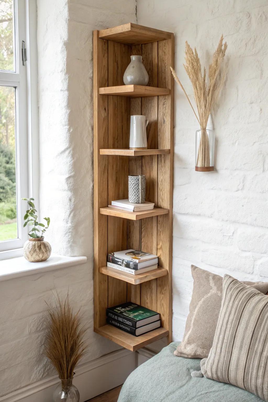Slim oak corner shelves that keep a reading nook calm—books, a vase, and clean lines.