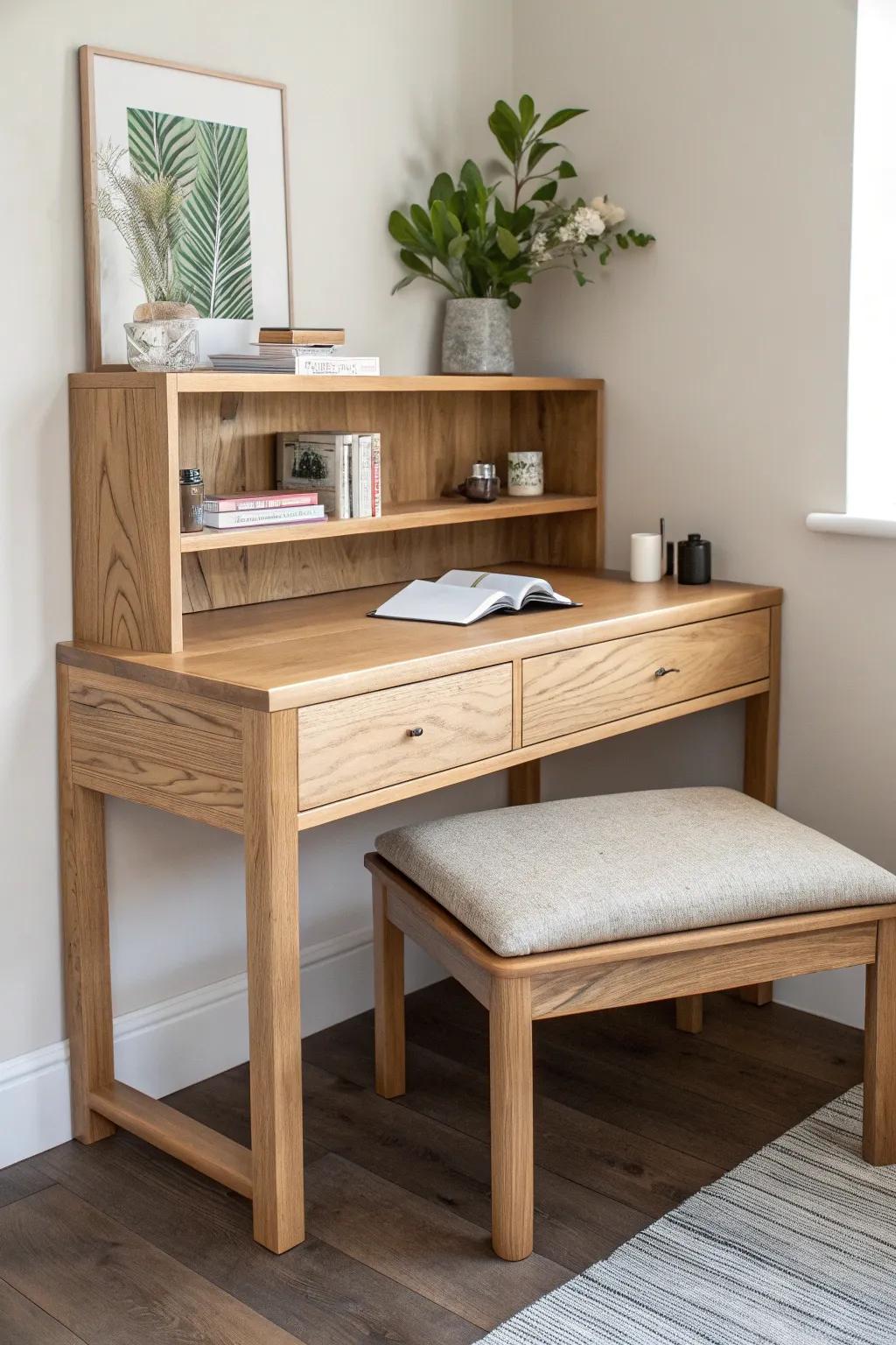 Corner desk with a built-in cushy bench—minimal, warm oak, and made for lingering.