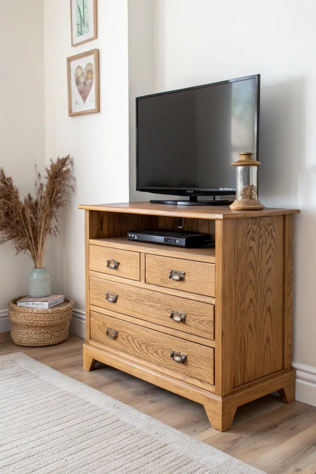 Upcycled dresser corner console—smart drawer storage and cozy minimal style for TV corners.