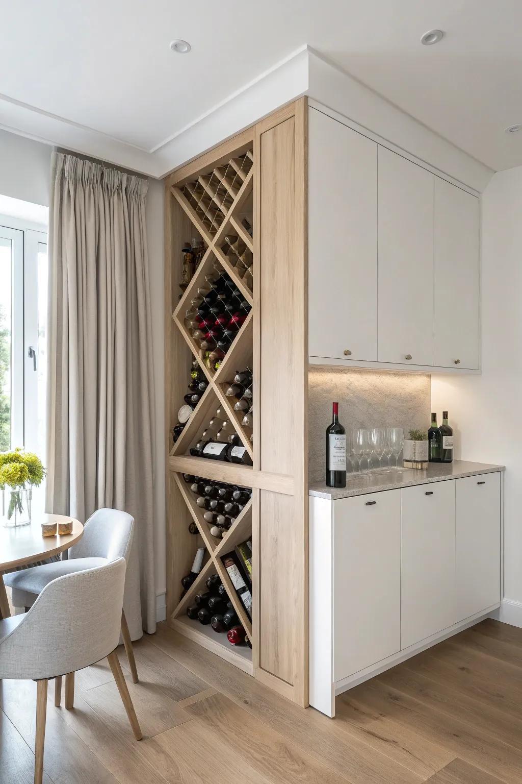 A built-in corner wine nook with clean oak trim—tiny footprint, custom cabinetry feel.