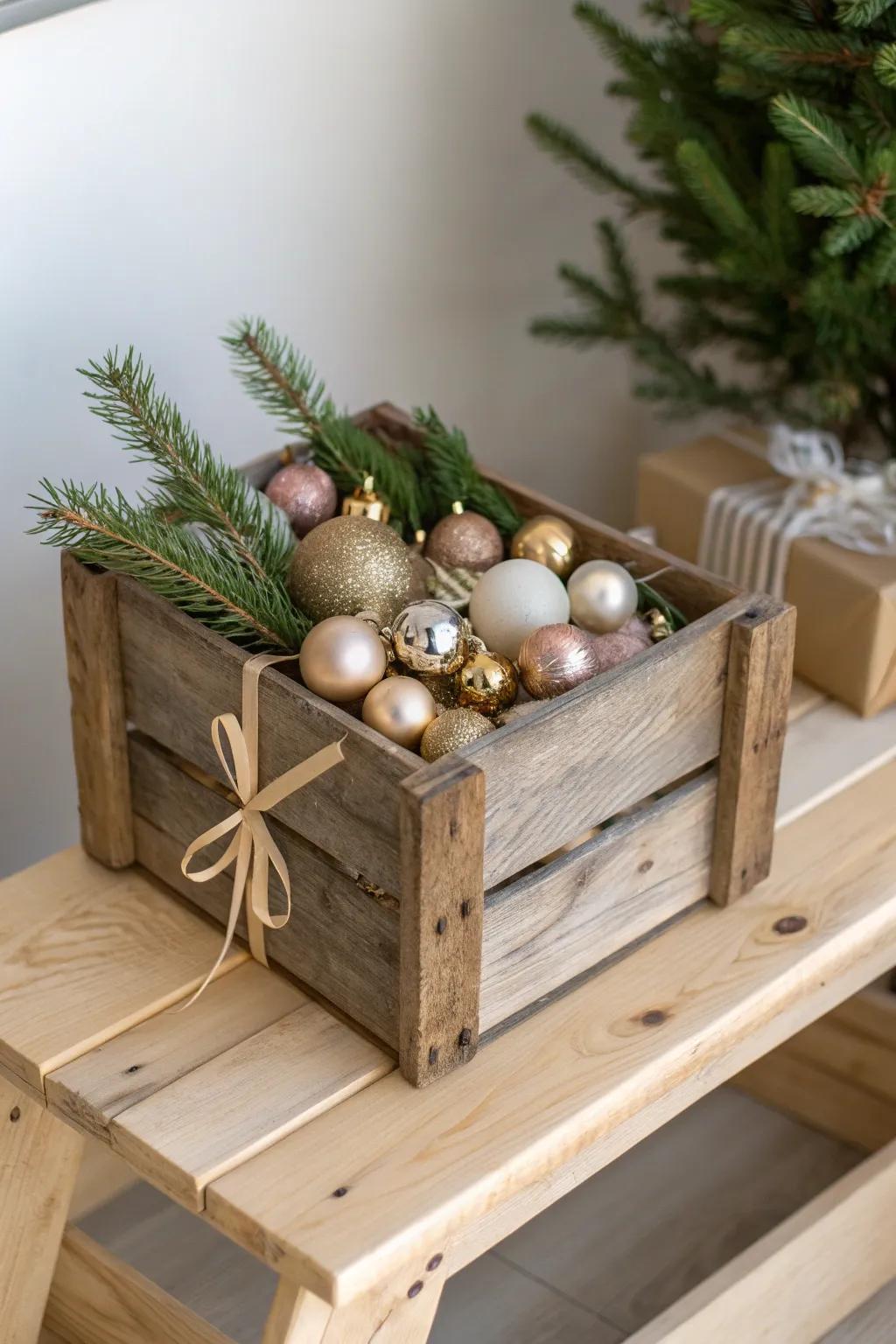 Reclaimed wood crate + vintage ornaments for a cozy cottage Christmas vignette—no tree needed.