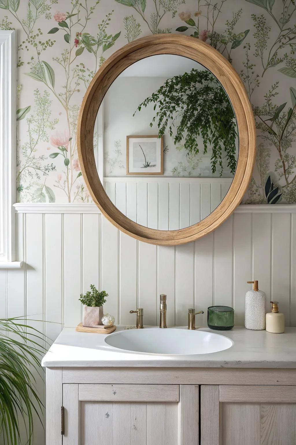 Floral wallpaper up top + crisp wood wainscoting below—romantic cottage bath, made simple.