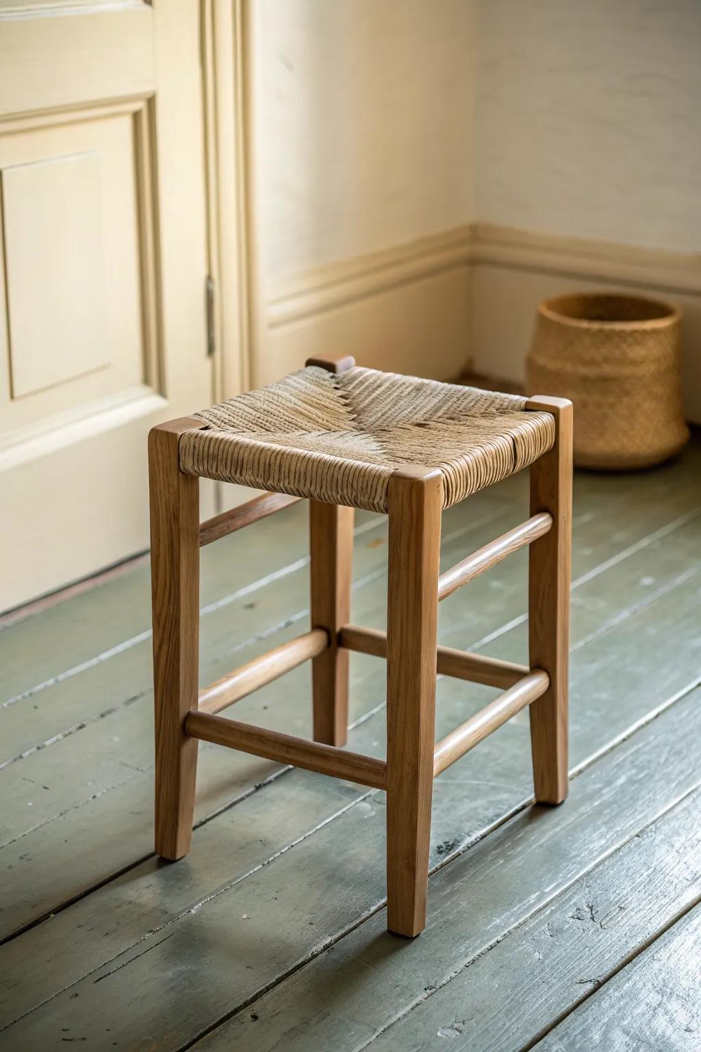 Dusty sage painted floorboards + a handcrafted stool for soft cottage charm, Scandinavian simple.