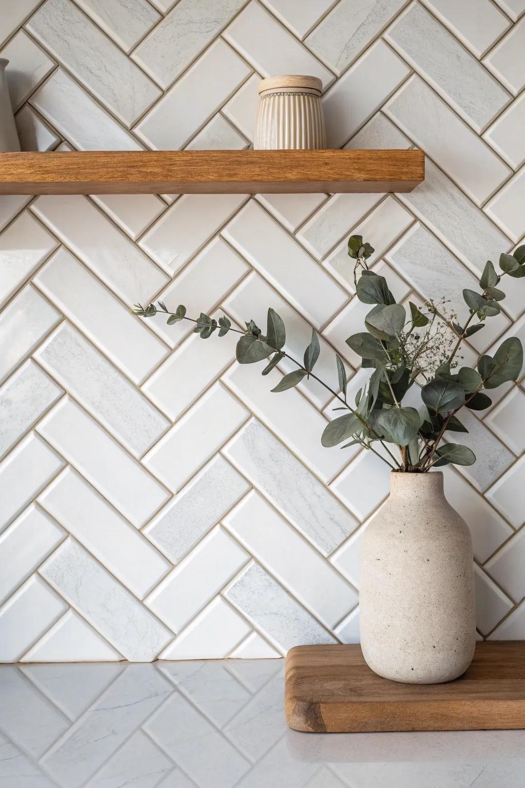 Warm white herringbone subway tiles add cottage charm with a custom, handcrafted feel.