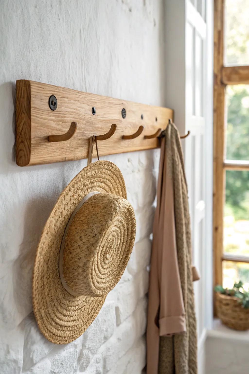 A simple oak peg rail adds cottage charm—pretty, practical, and handmade from scrap wood.