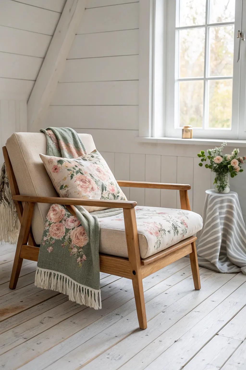 Cottage charm made simple: handcrafted oak with soft florals and cozy stripes in warm light.
