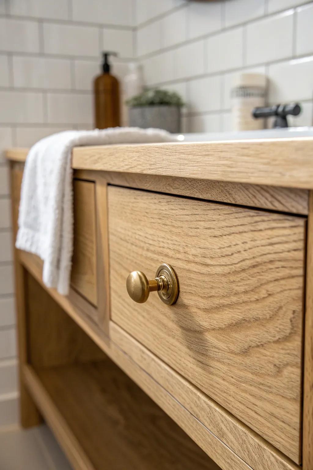A simple oak drawer gets cottagecore charm with a warm, brass-look knob—no remodel needed.