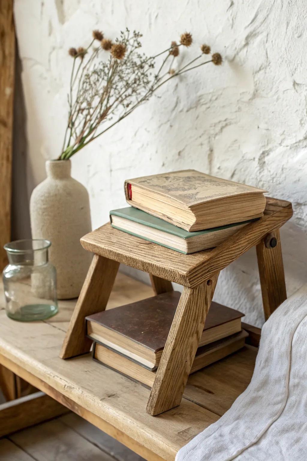 Vintage books, beautifully stacked—cottagecore charm on a handmade reclaimed-wood stand.
