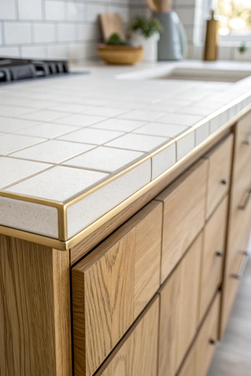 Brushed brass metal edge trim gives tile countertops a crisp, chip-proof finish.