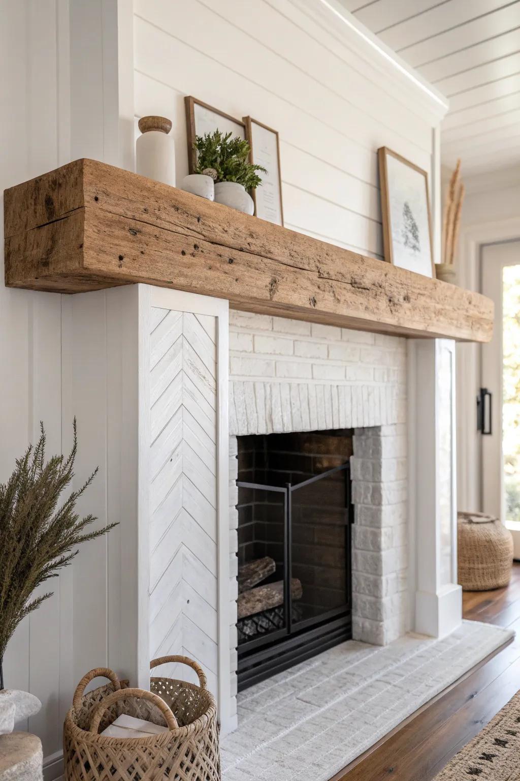 A hand-sanded reclaimed beam mantel that turns a simple fireplace into a cozy cottage focal point.