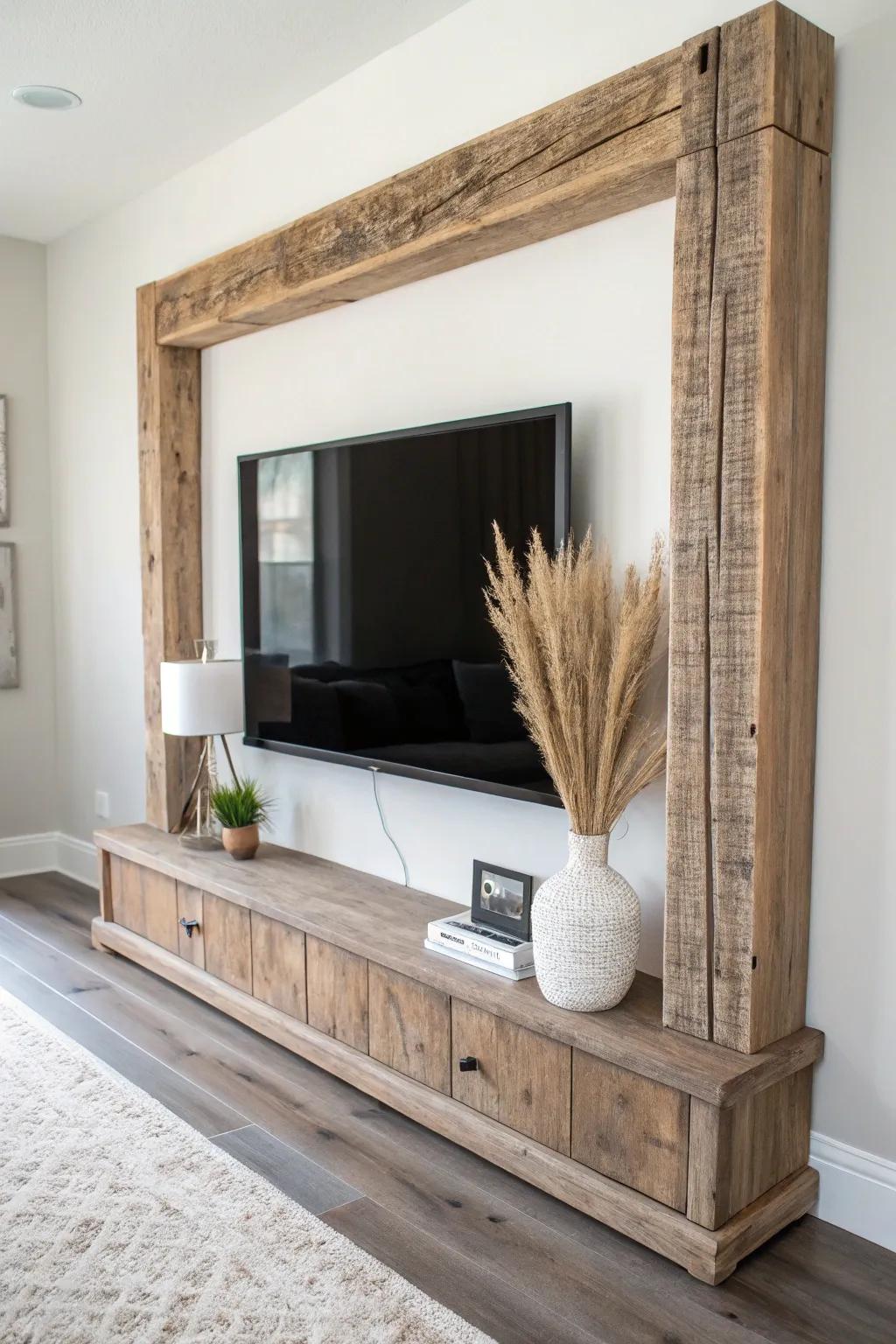 Barnwood surround that frames your home theater like cabin art—rustic warmth, clean lines.