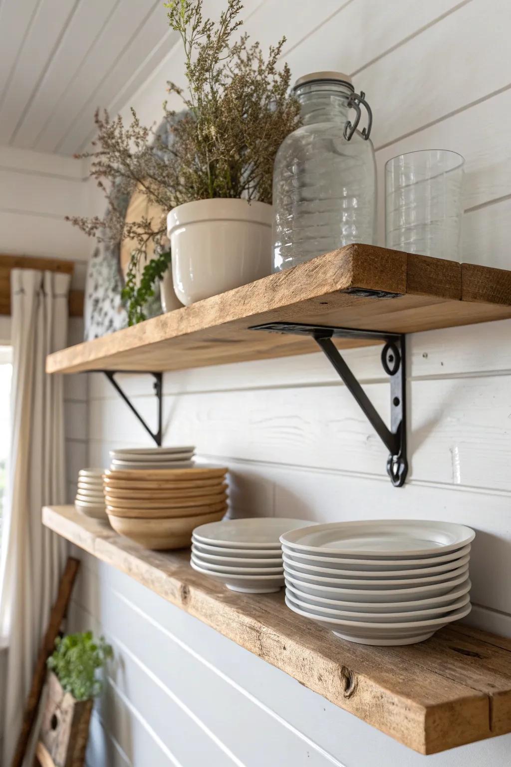 Reclaimed wood open shelf styling brings country kitchen charm—simple, warm, and practical.