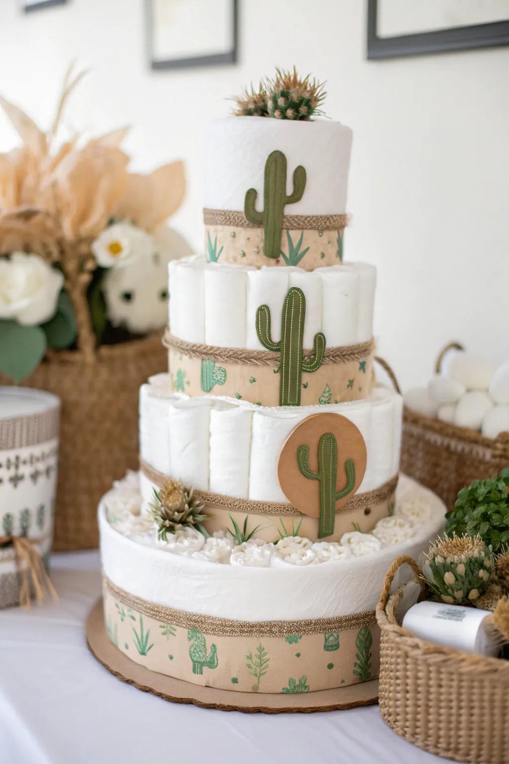 Infuse your cowboy diaper cake with a touch of desert charm through simple, elegant cactus cutouts. Perfect for those who adore minimalist beauty!