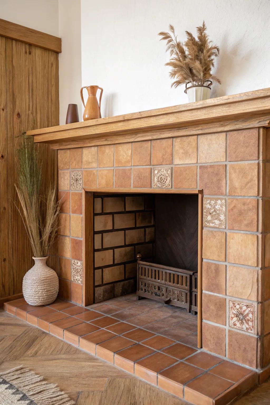 Earth-tone handmade tile frame + warm oak mantel for a textured, cozy fireplace moment.