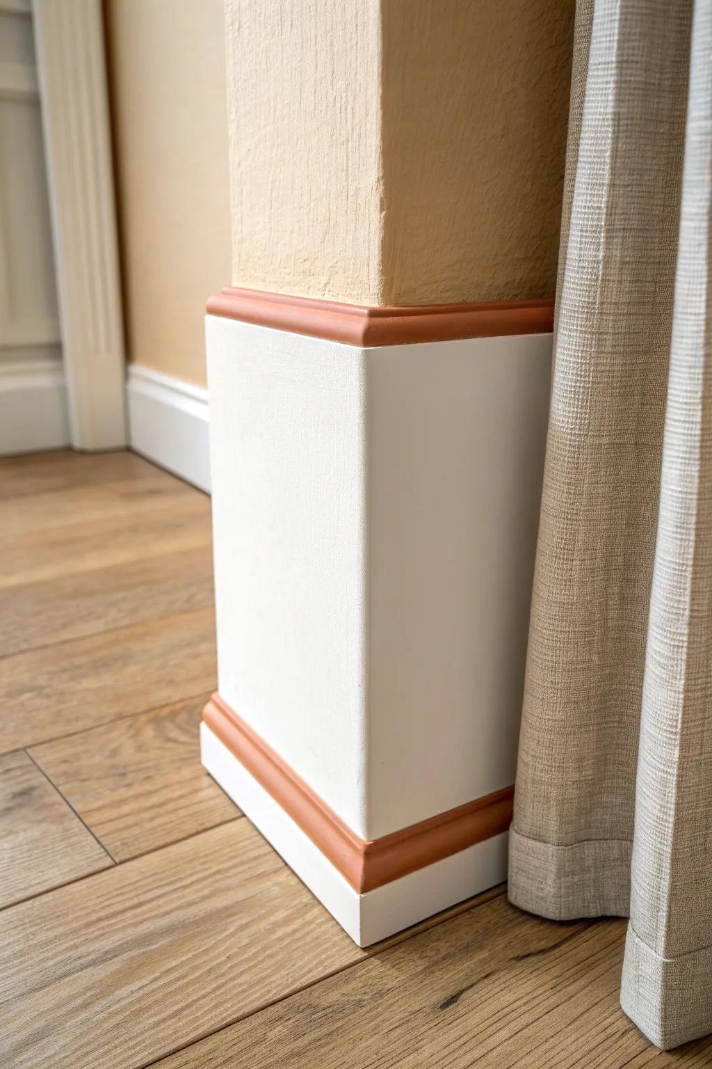 Two-tone baseboard color blocking: a slim cap stripe for a custom millwork look.