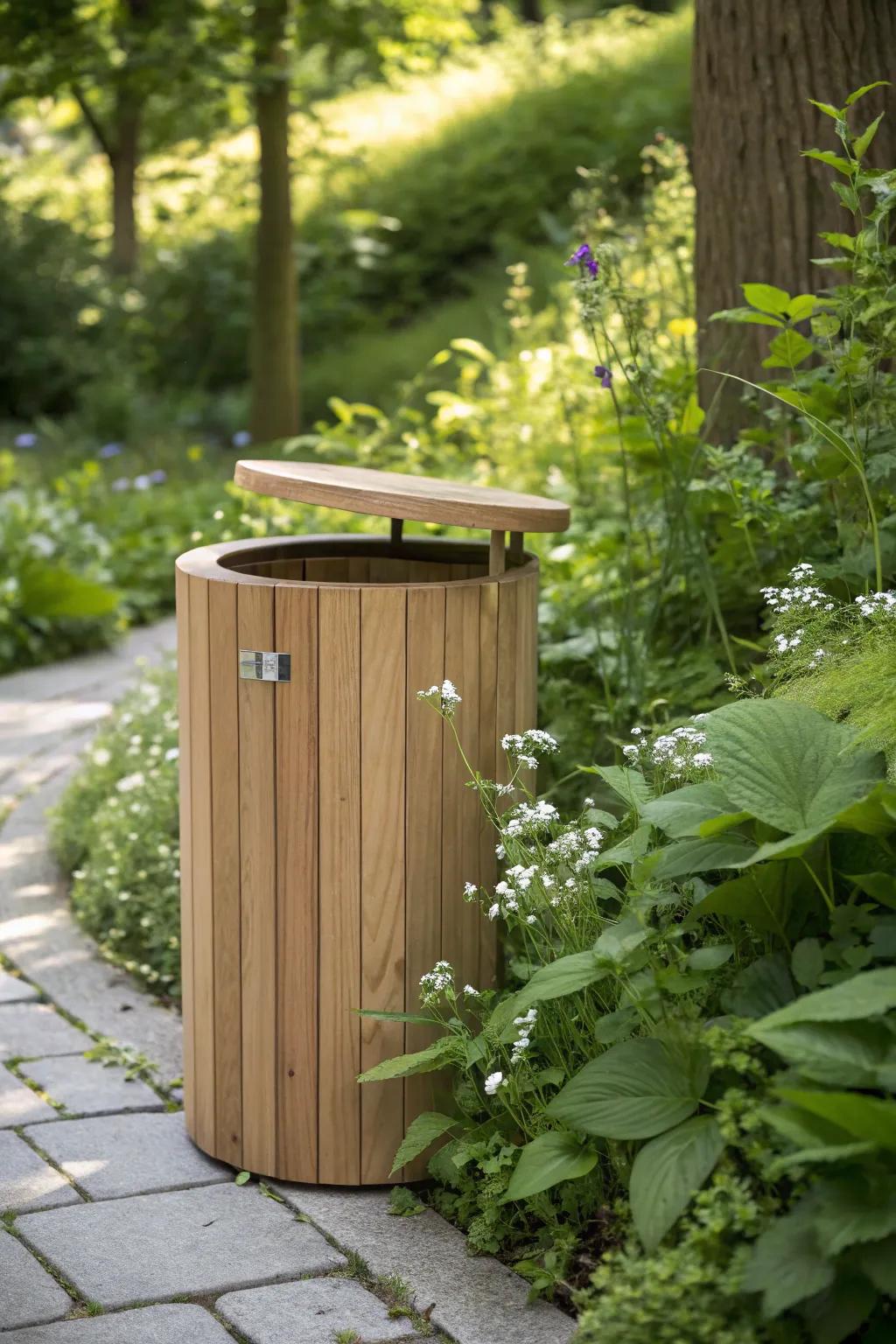 Harmonize with nature: Discover the hidden beauty of a garden-embedded compost bin.