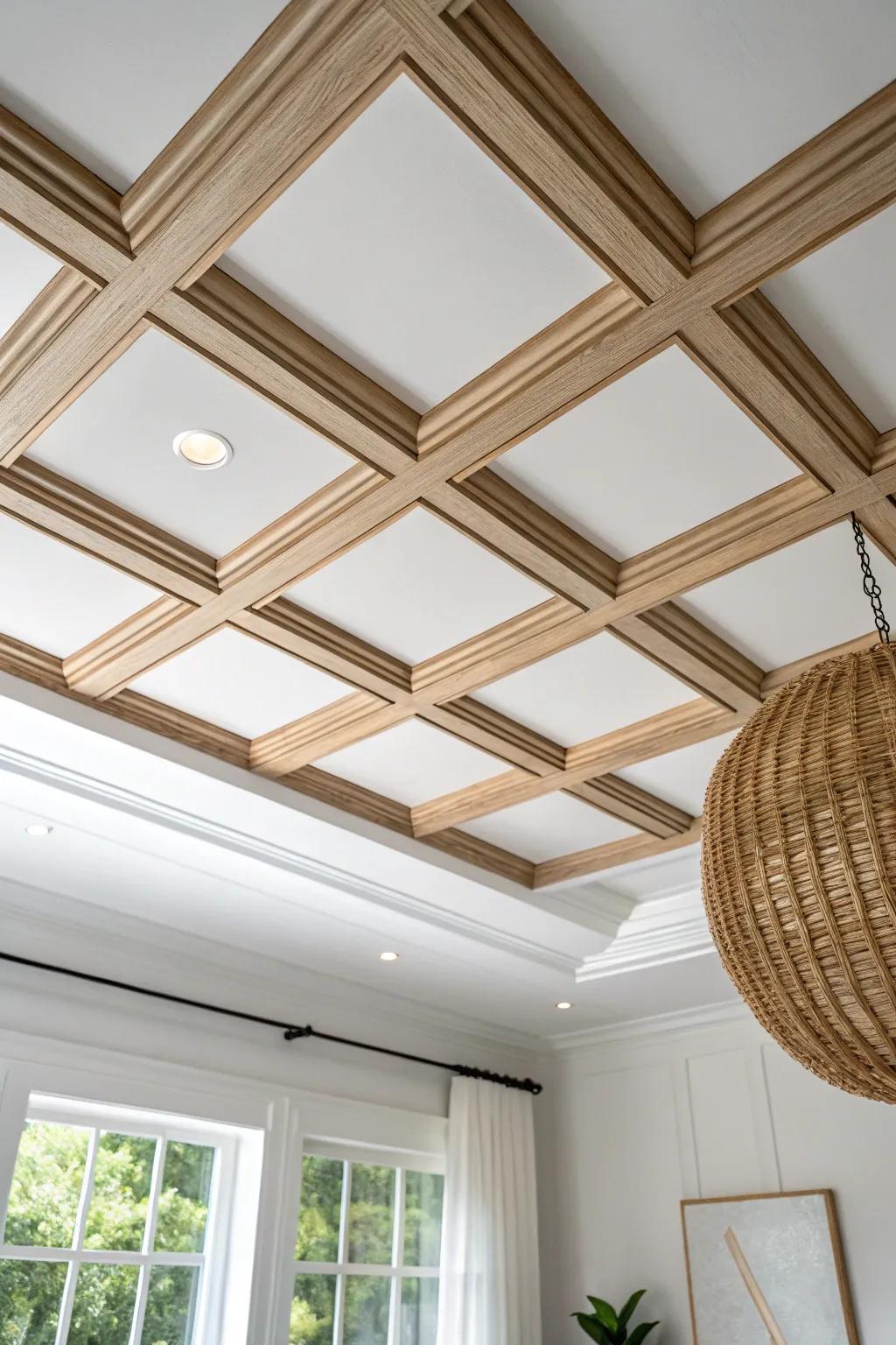 Coffered ceiling grid in crown moulding—clean oak lines, crisp shadows, pure handmade charm.