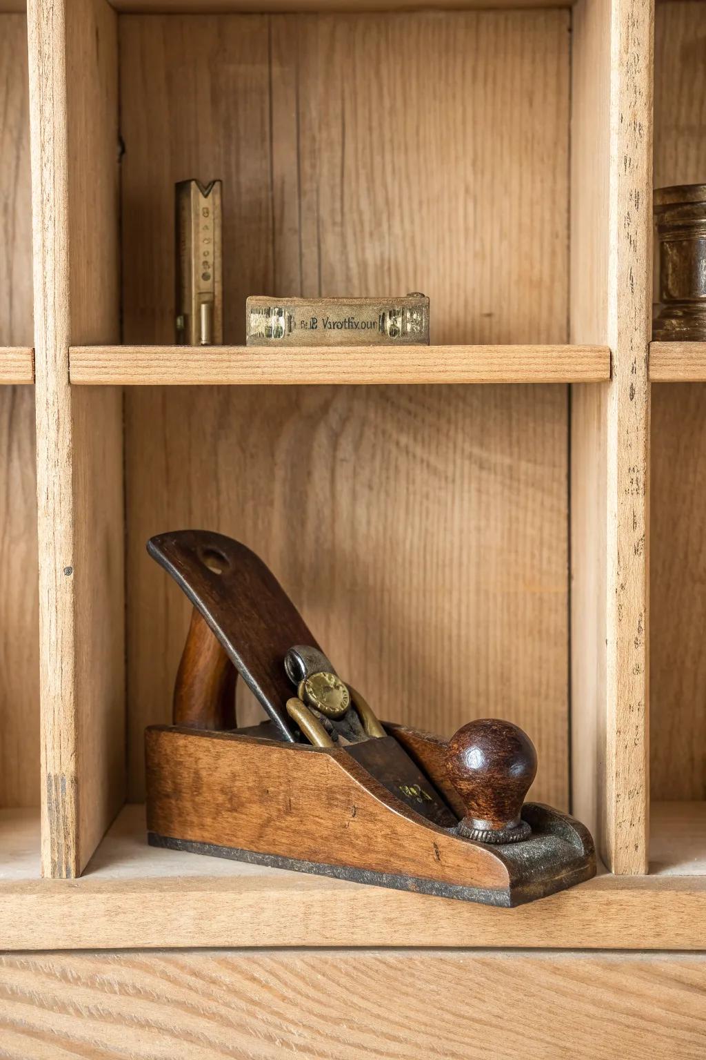 One vintage tool, one cubby—an instant mini museum with warmth, patina, and calm.