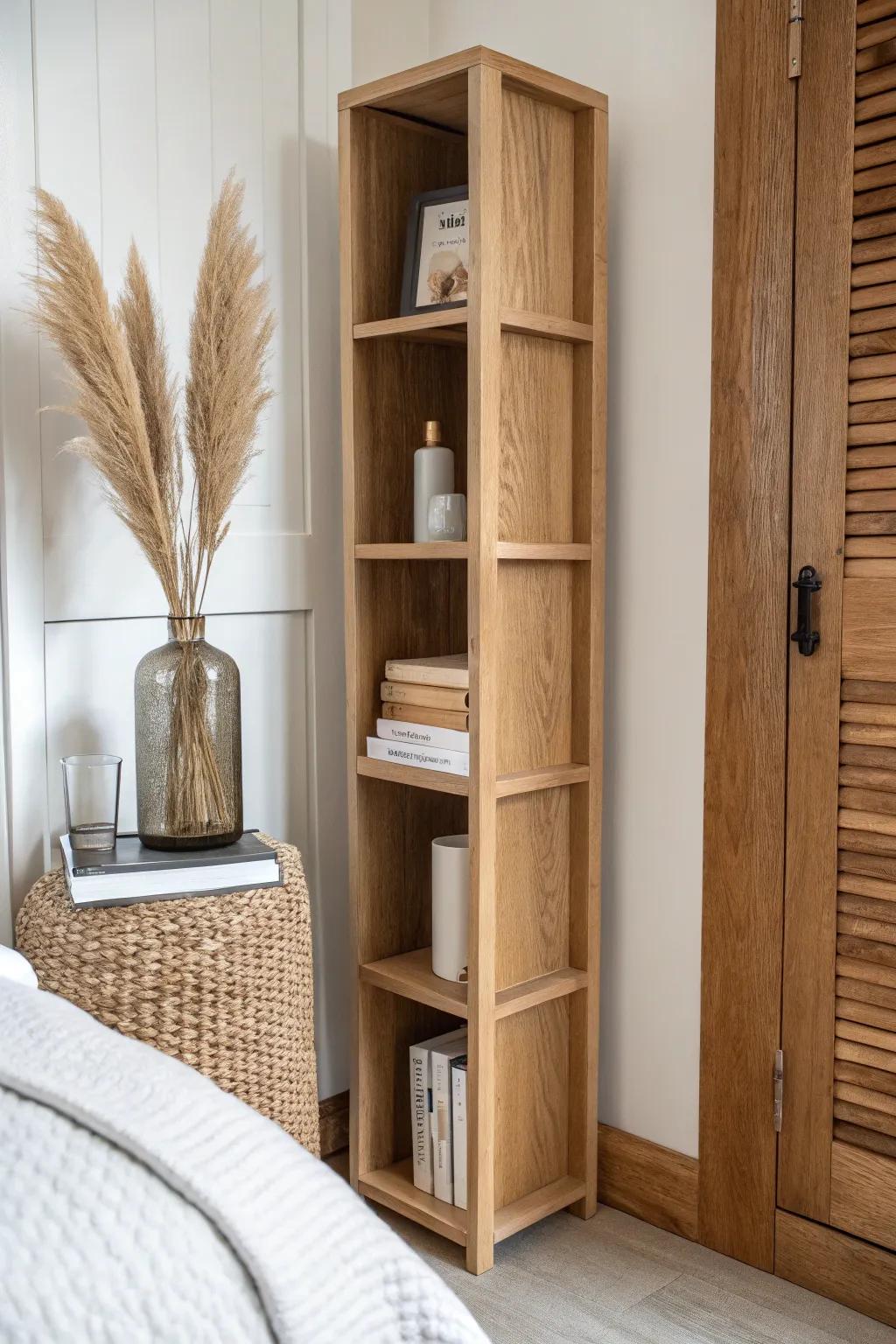 Swap nightstands for a tall cube tower—mix hidden storage with airy open styling.