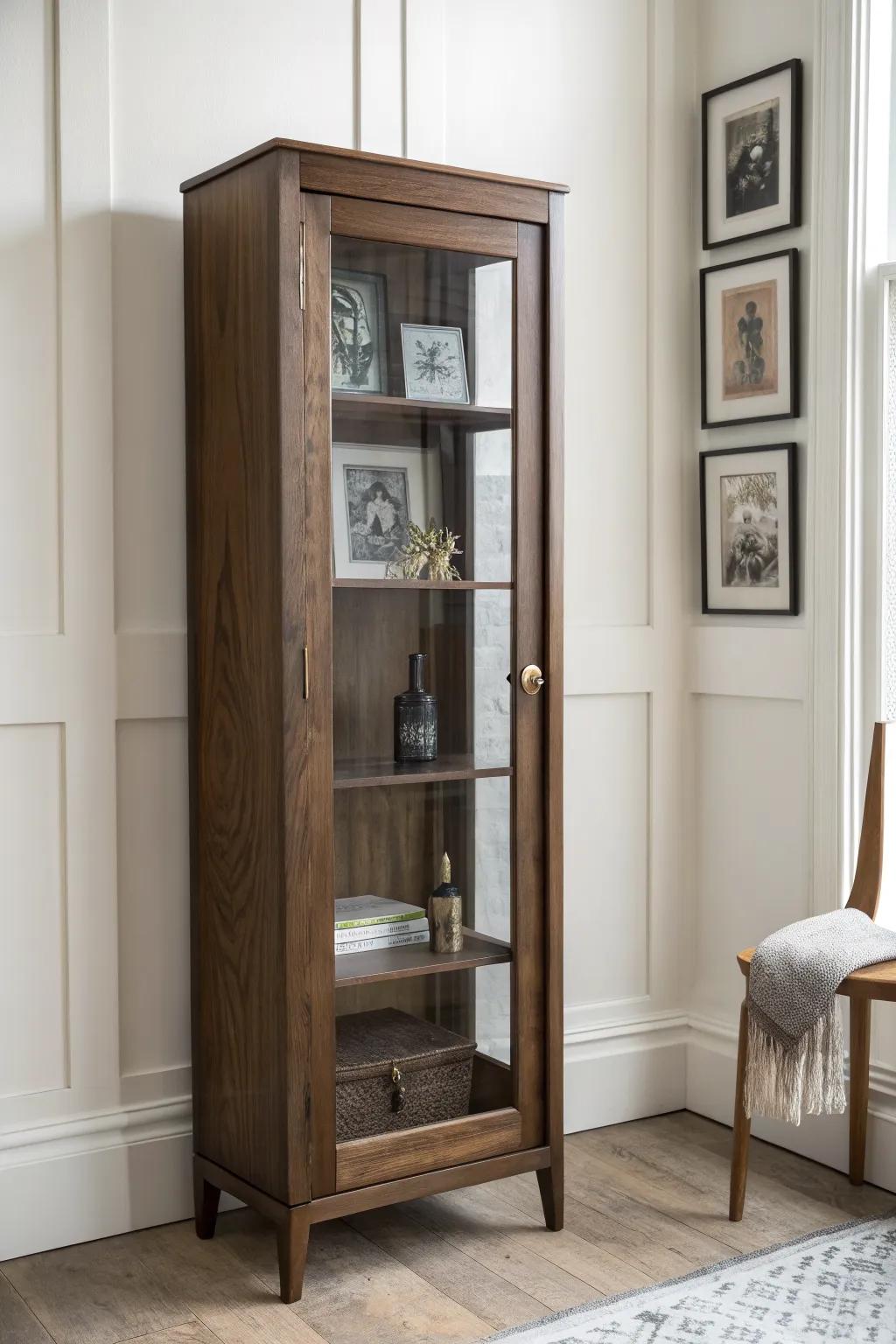 Dark academia curiosity cabinet in walnut and smoky glass—minimal, mysterious, beautifully crafted.