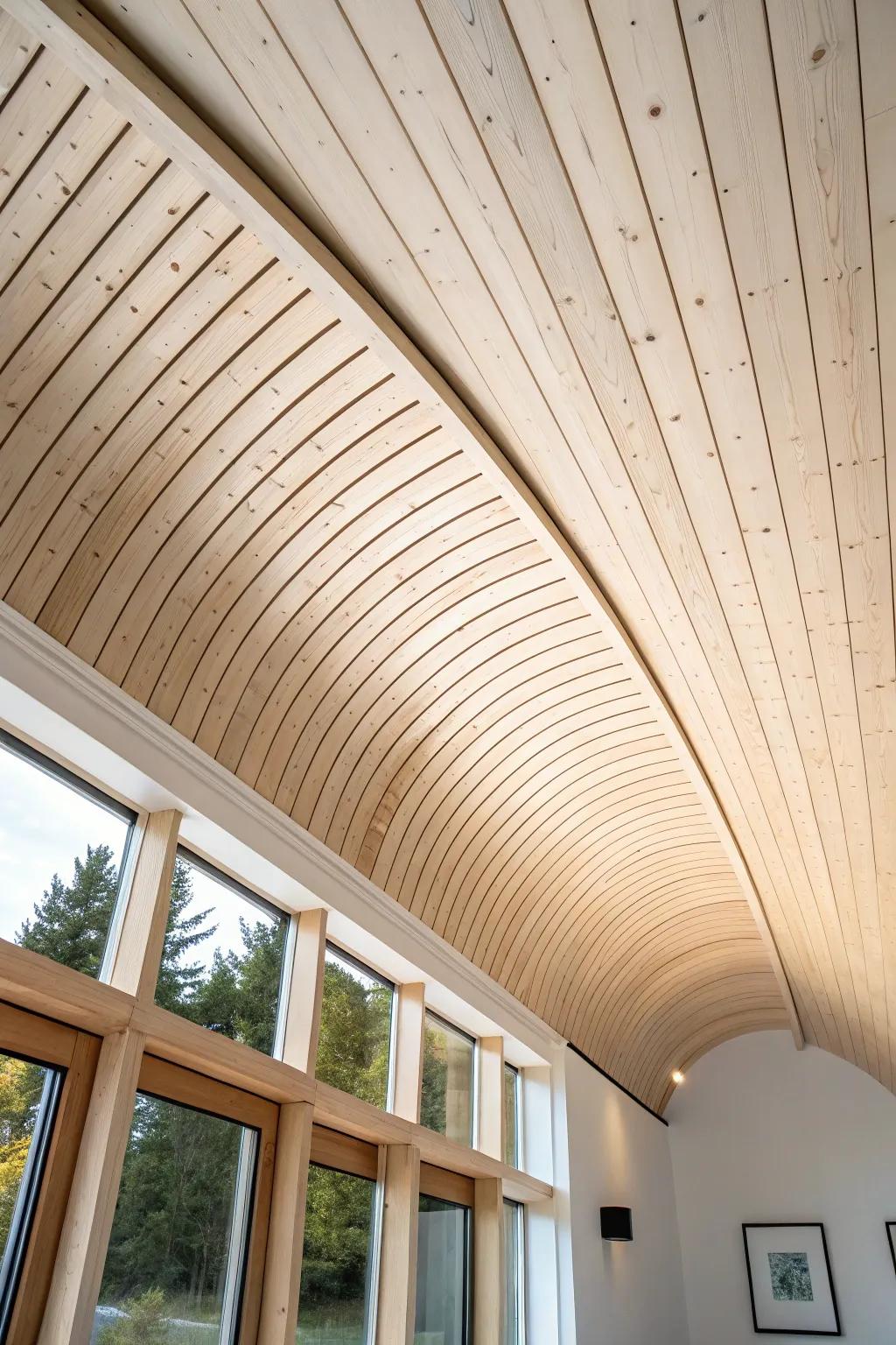 Prefinished tongue-and-groove boards turn a curved ceiling into a warm, sculpted statement.